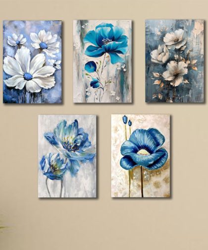 Set Of 5 Blue Flowers Wooden Wall Art