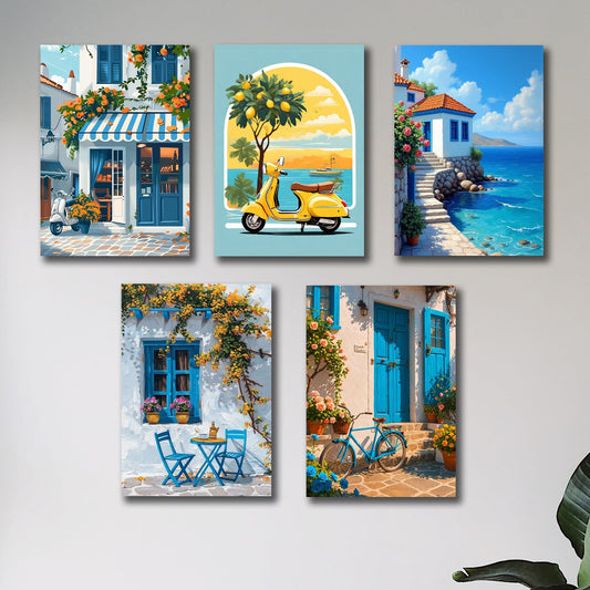 Set of 5 Italian Vintage Homes Art Themed Wall Art Wooden Sticky Photo tile Frames for Wall Home and Girls Room Decoration