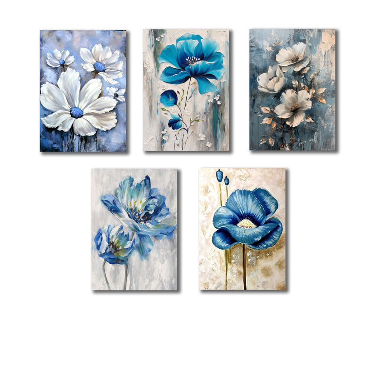 Set Of 5 Blue Flowers Wooden Wall Art
